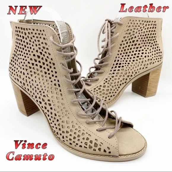 NEW-Vince Camuto-Taupe Tan Leather Laser Cut Gladiator 10 - Picture 1 of 10